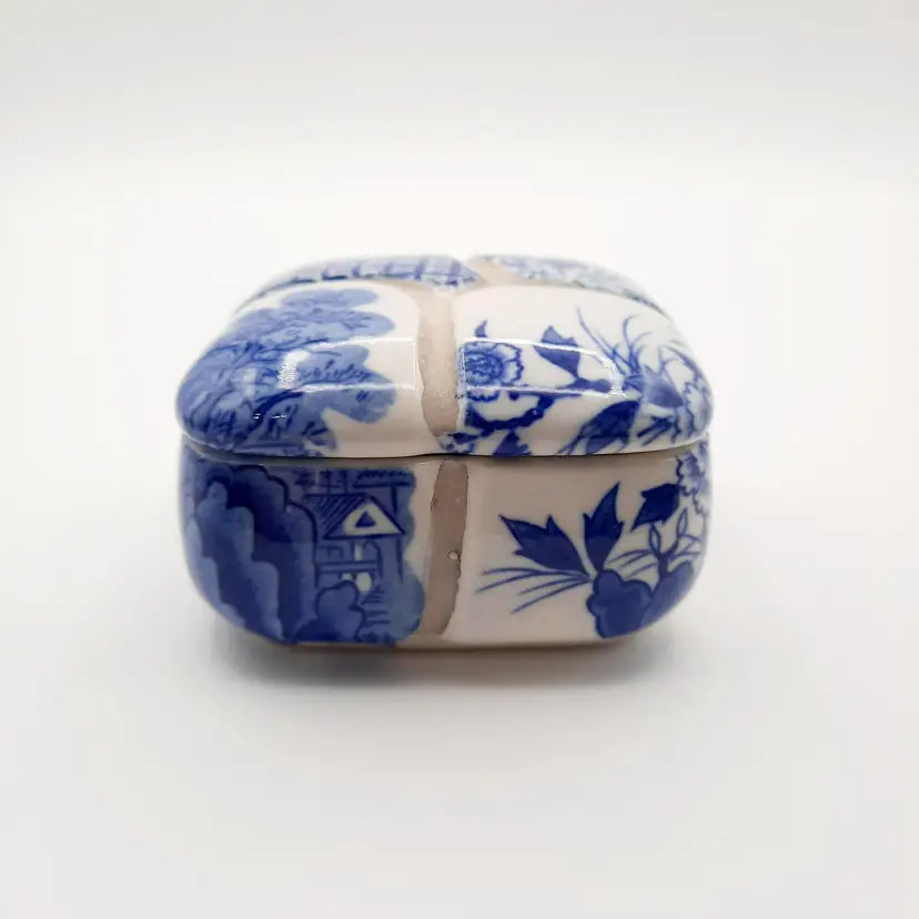 Vintage Blue & White Floral Patchwork Trinket Box Nancy Lopez 1980