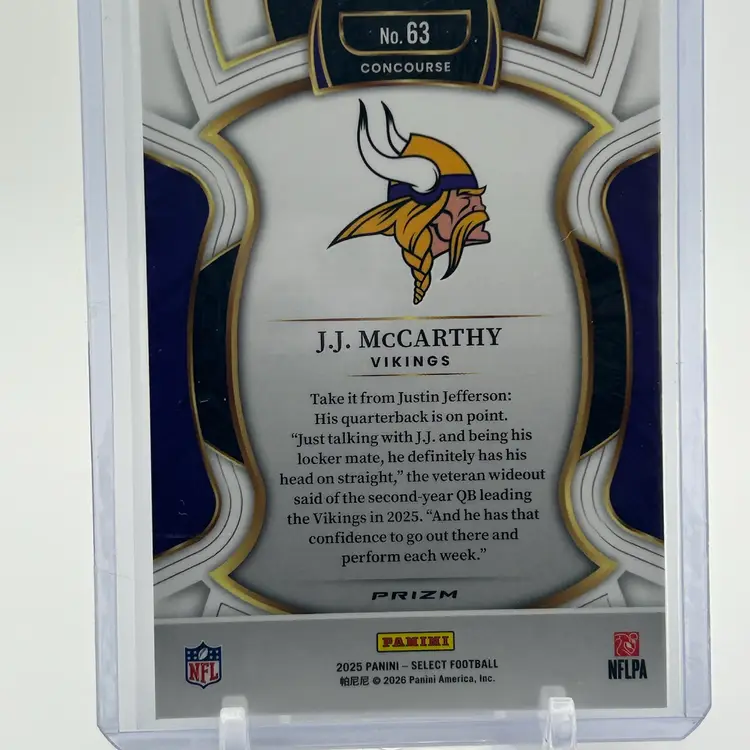 JJ McCarthy 2025 Panini Select Zebra Prizm Case Hit Minnesota Vikings
