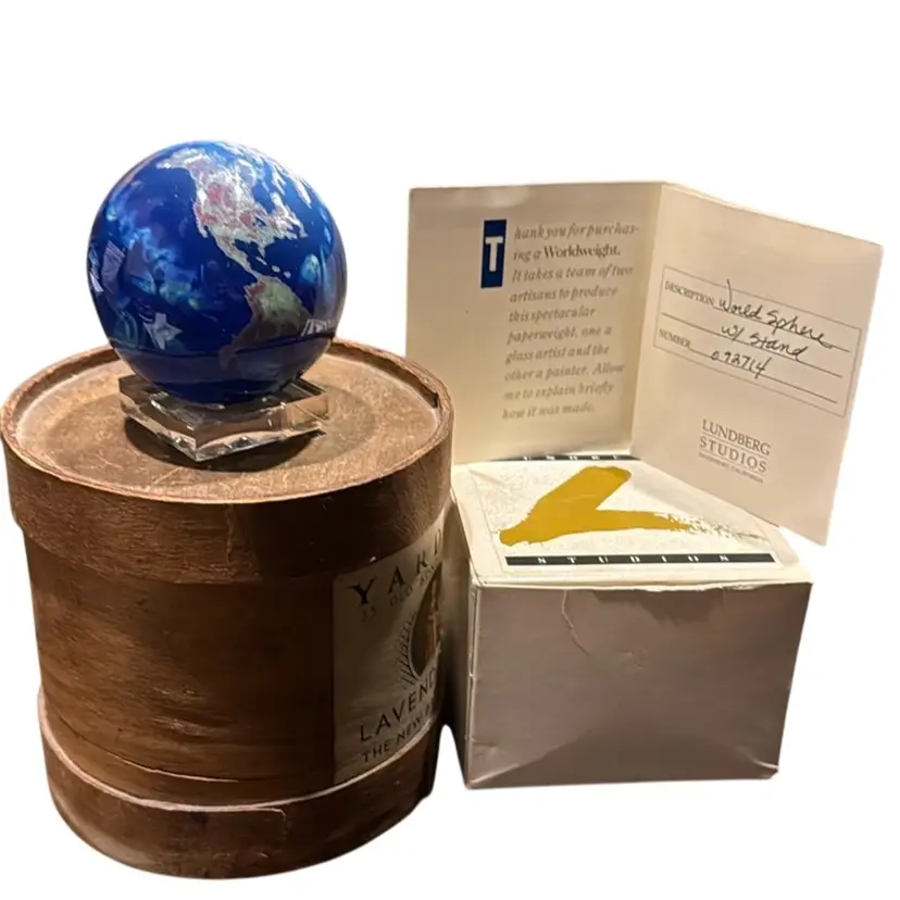 1991 Lundberg Studios World Sphere #092714 With Box, Stand & Certificate Art Glass Paperweight Marble - 2.5”