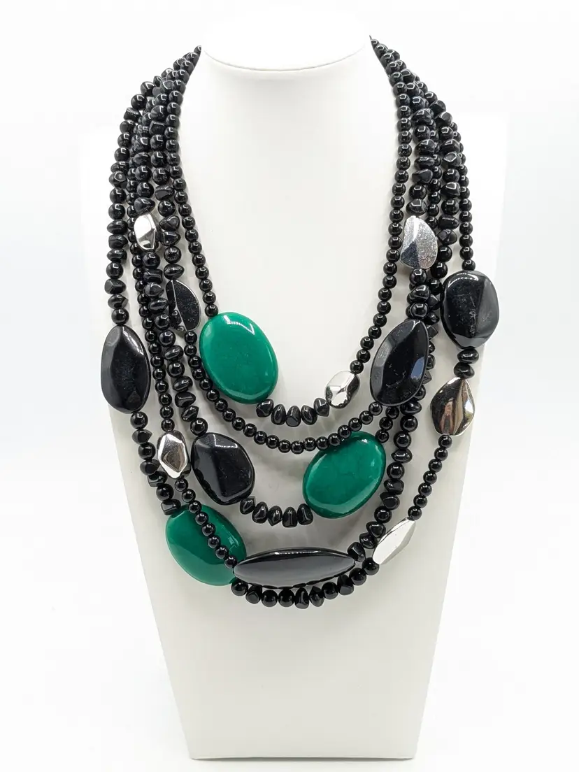 Chico's Chunky Black and Green Beaded Multi Strand Statement Necklace