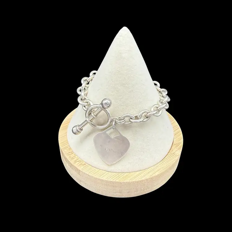 Vintage Silver Tone Rolo Link Bracelet With Heart Charm Toggle Clasp Heavy Read