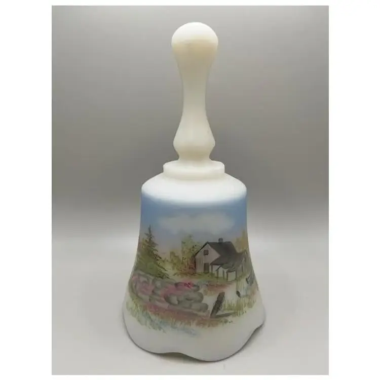 #02 Vintage Fenton Bell Hand-Painted and Signed By J. Cutshaw ~ Cottage Scene ~ 6.5 inches tall