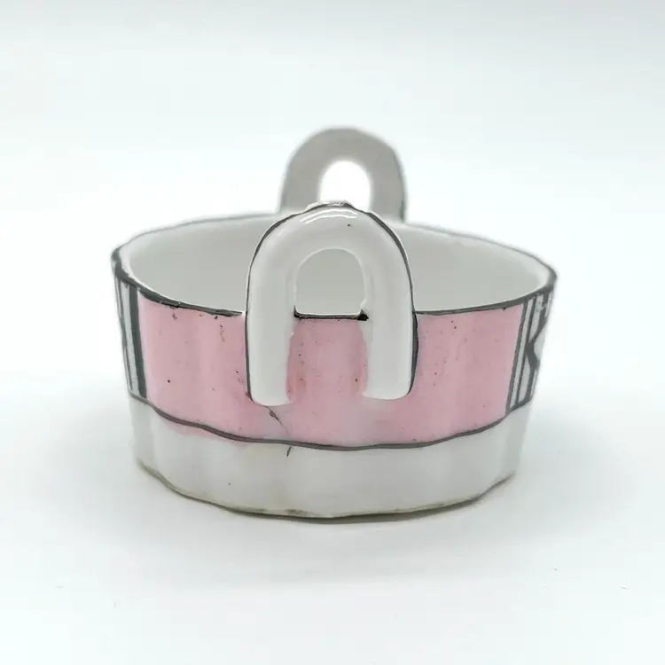 Vintage Porcelain Art Deco Noritake Handled Tub Bucket Open Salt Cellar Pink Black Stripes Flowers Antique Morimura Wreath Mark