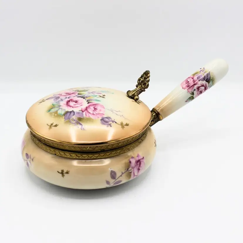 Vintage Lefton Crumb Catcher Hinged Lid Brass Accents Floral Rose Design