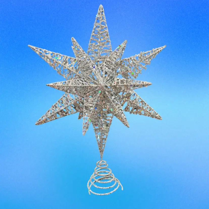 Silver Glitter Christmas Tree Topper – 3D Starburst with Iridescent Sparkle
