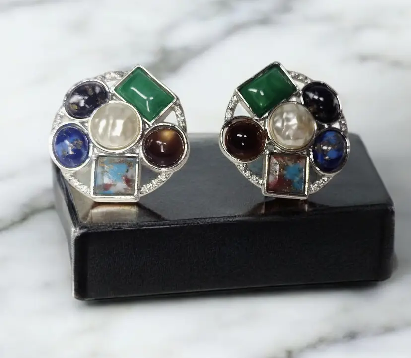 Sarah Coventry Faux Stone Mosaic Clip On Earrings Vintage Silver Tone Signed