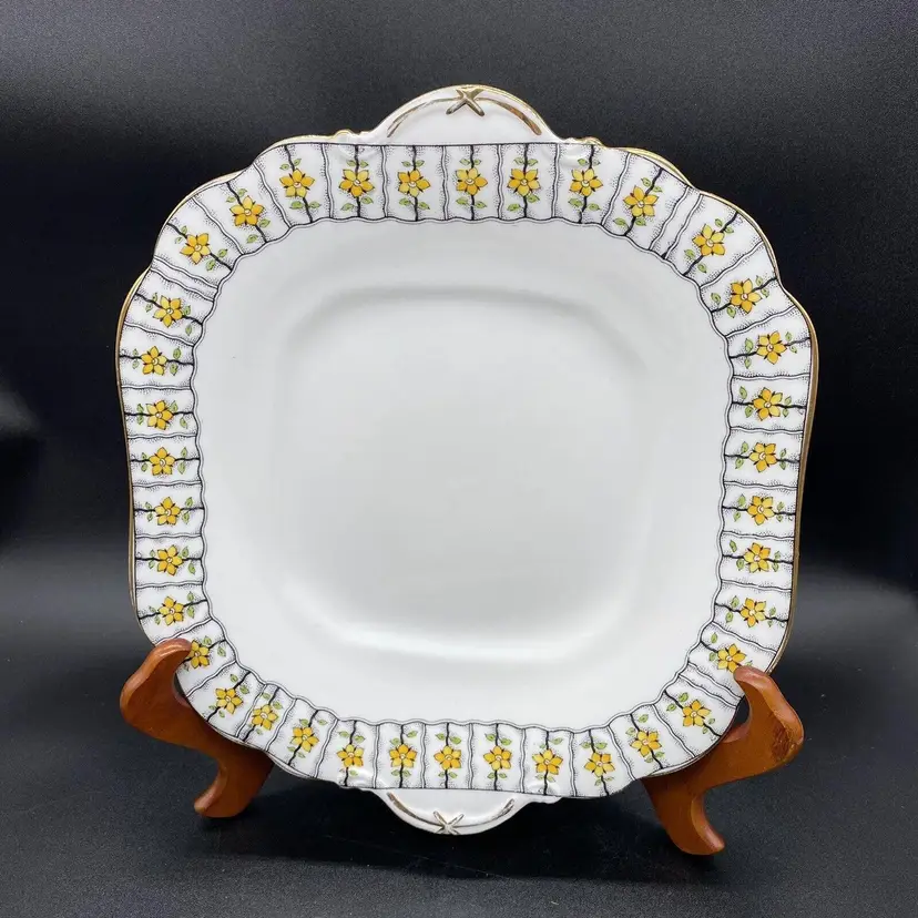 #1516 Aynsley Art Deco Square handled Cake Plate Yellow Flower Green Leaf