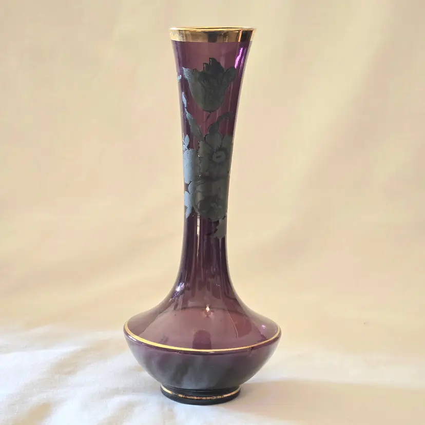 Art Glass Bud Vase Lefton Purple Amethyst Floral Applique Japan 8" Tall Vintage