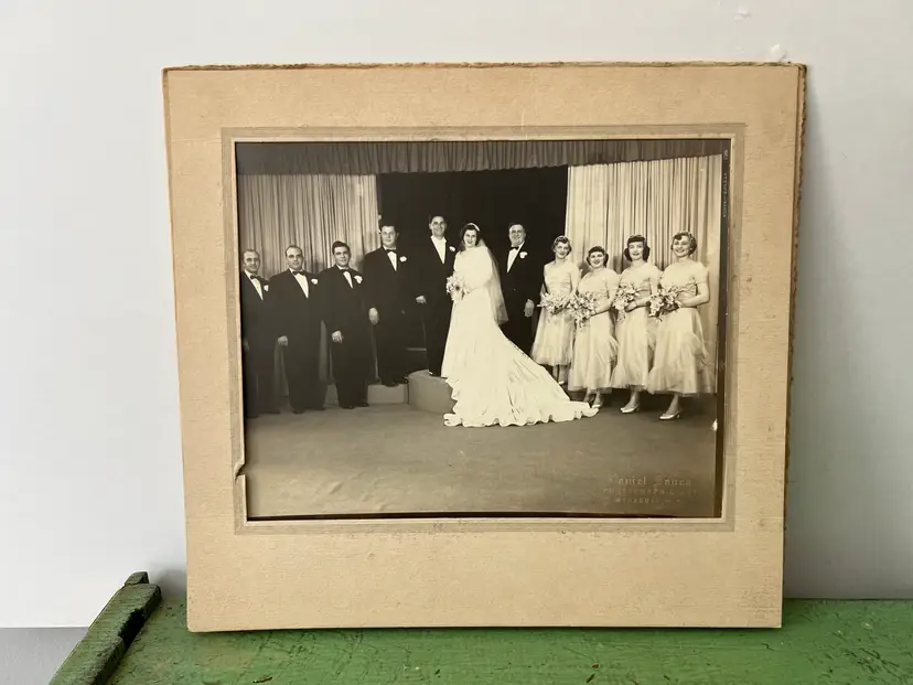 Authentic 1950s Wedding Photograph in Chipboard Mat/ Frame. Retro Wedding Ephemera