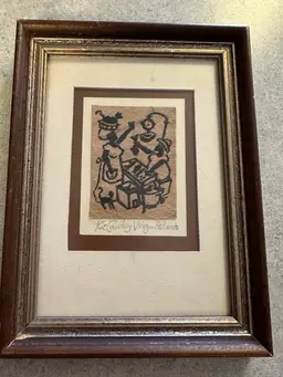 Screen print on coconut palm bark titled 'Virgin Islands' by Kit Cawley. Rare