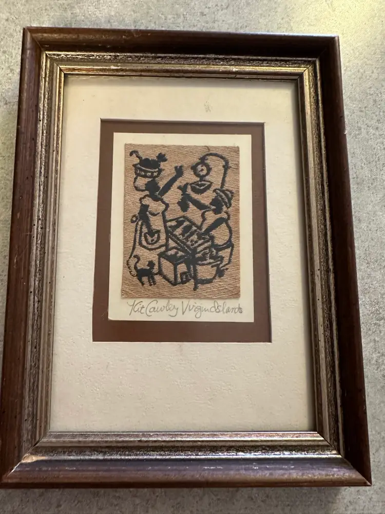 Screen print on coconut palm bark titled 'Virgin Islands' by Kit Cawley. Rare