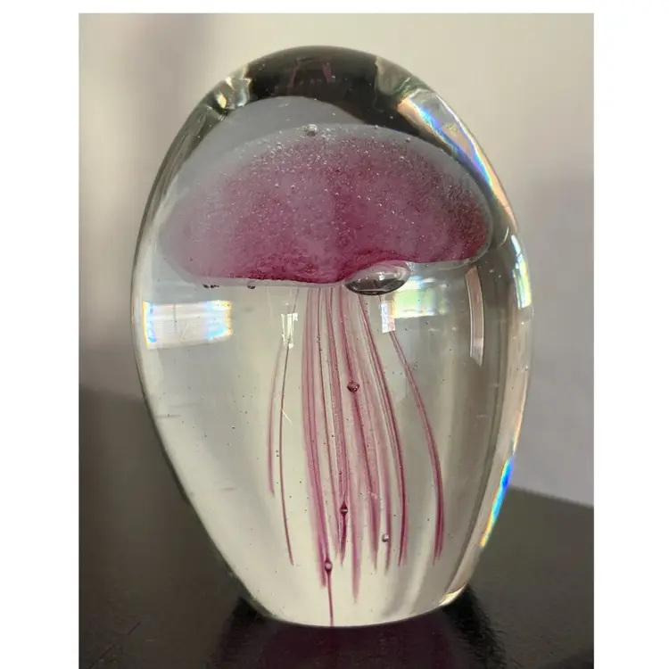 Paperweight W/Jelly Fish GLOWS Dynasty Gallery Art Glass Hand Crafted Pink Blue