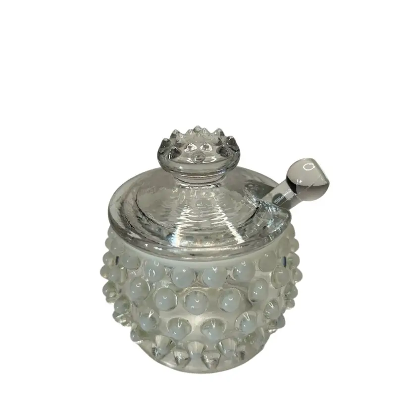 Vintage Fenton Hobnail Opalescent Mustard Jar With Spoon 3” Tall