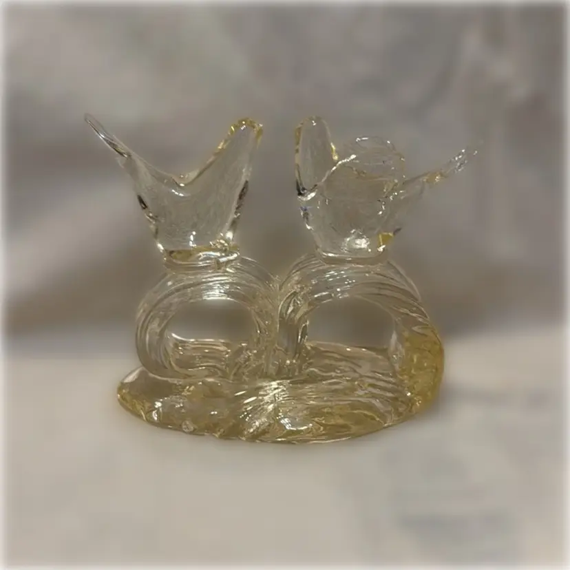 Vintage Hand Blown Clear Art Glass Dove Love Birds On A Limb - 5” tall and 5.75” long