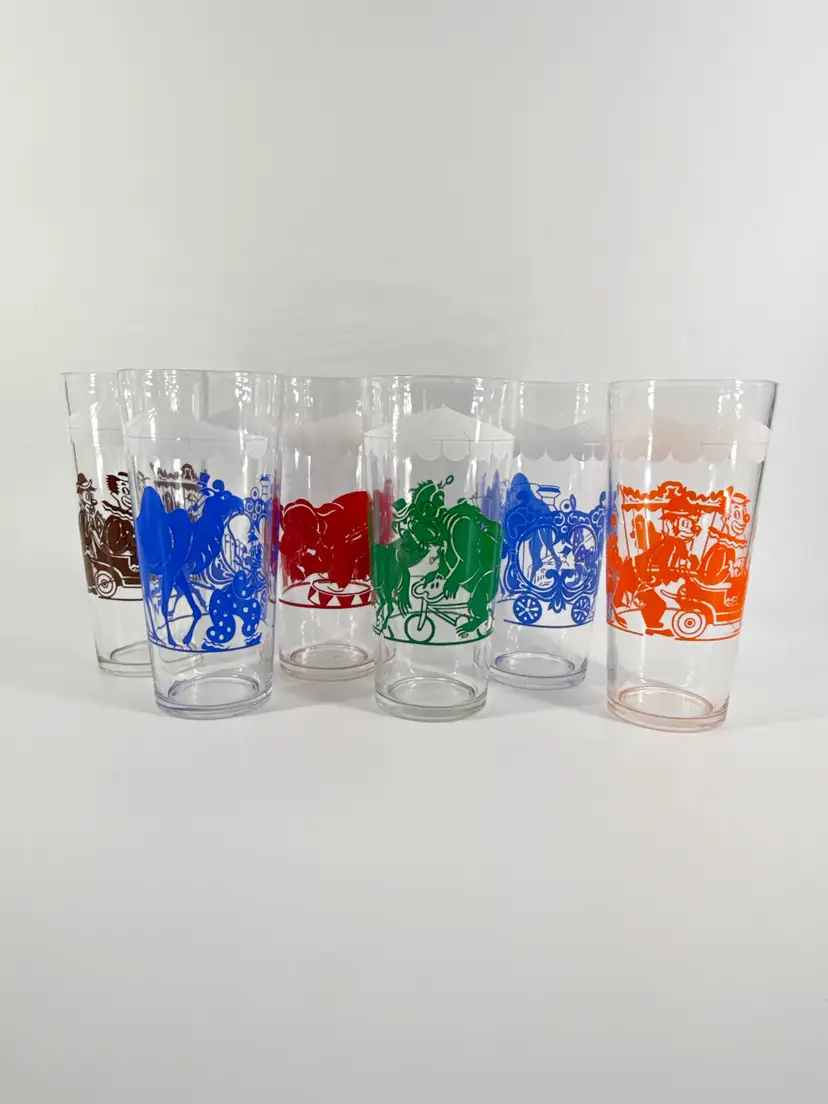 MCM Hazel Atlas "Big Top" Circus Clown Drinking Glasses Camel Elephant Vtg Lot 6