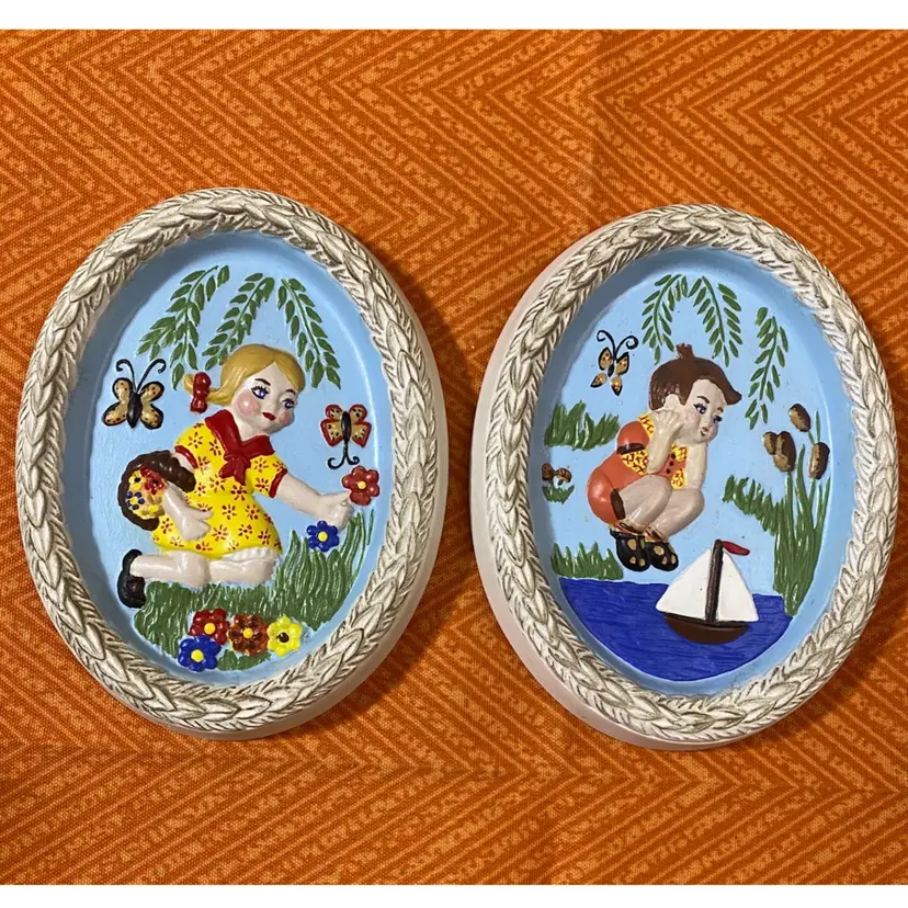 1973 Kitschy Girl And Boy Hand Painted Ceramic Wall Art 
