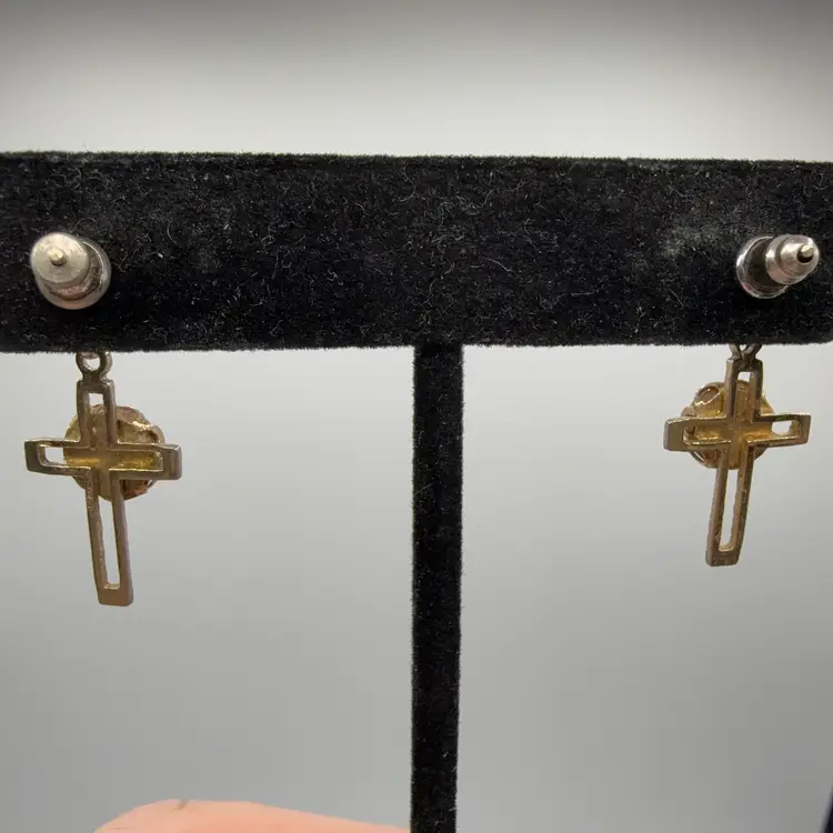 Gold Tone And Wood Cross Pierced Earrings