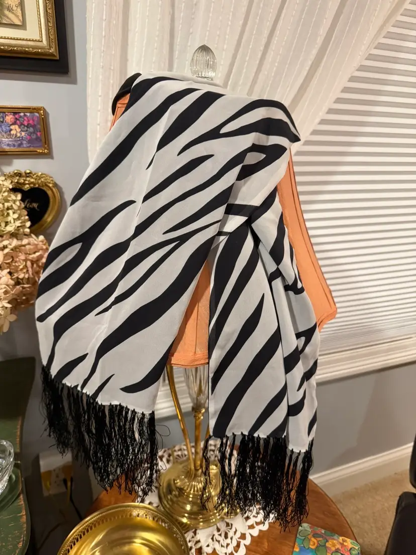 Luxurious Vintage Liz Claiborne zebra striped 100% Silk Scarf With Fringe.  ~66” Long with fringe x 13” Wide