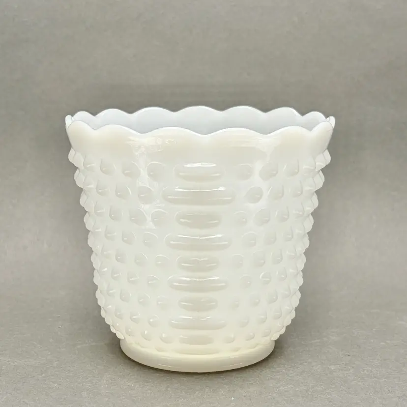 Vintage White Milk Glass “Dot and Dash” Hobnail Planter with Scalloped Rim