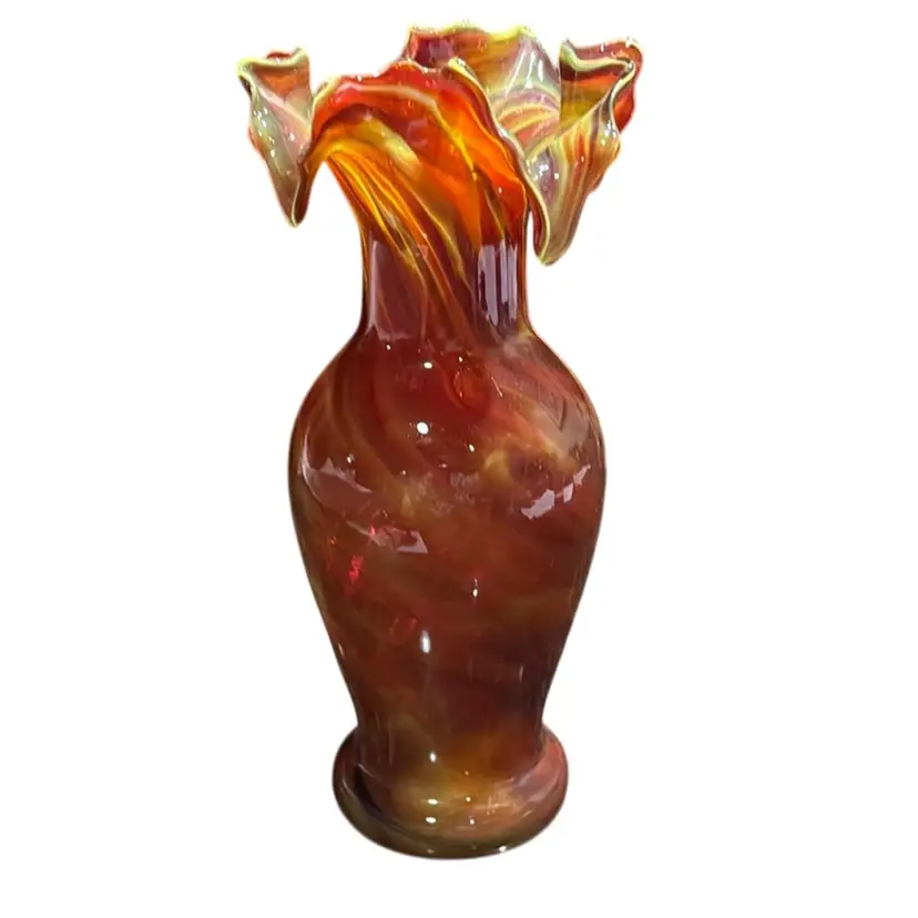 Vintage/Antique Handblown Art Glass Vase - Vibrant Fall Yellows & Oranges Swirls - 9'