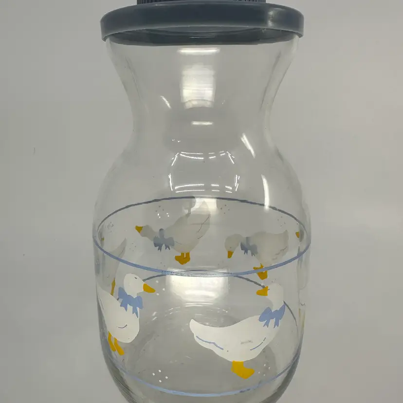 Vintage Libbey Country Goose with Blue Ribbon Glass Carafe Goose Pitcher Decanter With Lid
