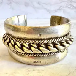 Chunky Sterling Silver Cuff Bracelet with Multi-Hallmark Twisted Rope Design