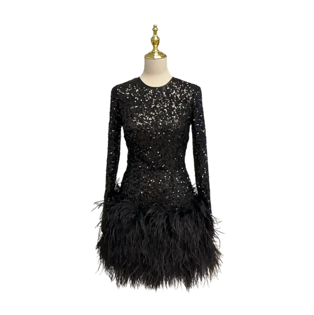 Dolce & Gabbana Black Short Sequined Feather Trim Dress Sz 38