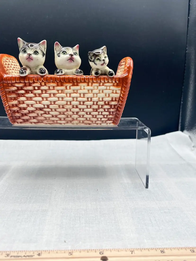 Vintage NAPCO Ceramic Basket Planter with Three Kittens Peeking Over the Rim