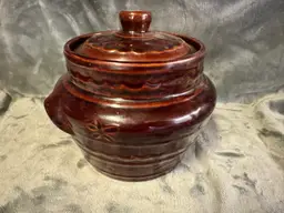 Vintage Marcrest Daisy Dot Stoneware Pottery Bean Pot W Lid Brown USA Oven Proof