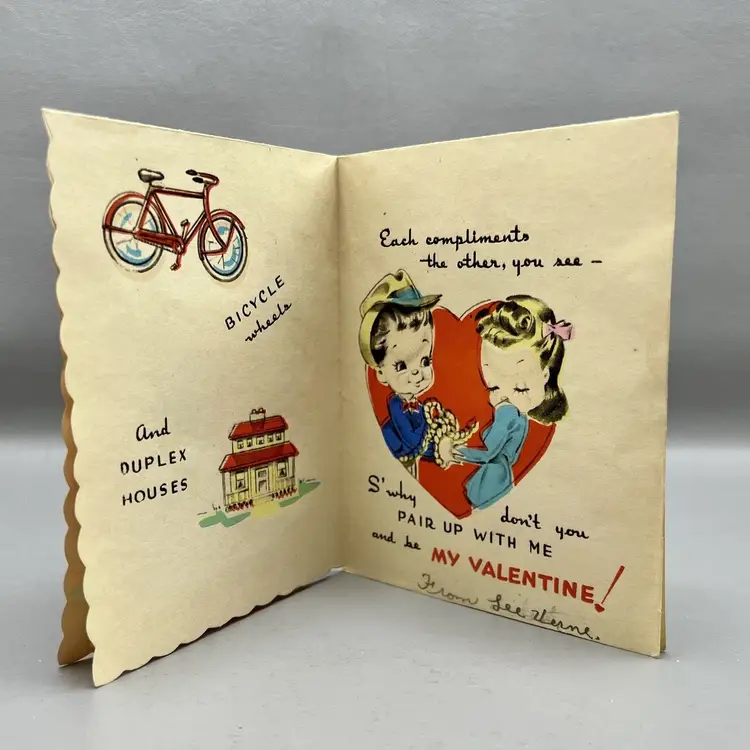 Vintage Valentine Boy Girl Hearts Socks Go in Pairs And So Do Trousers USA 1950s