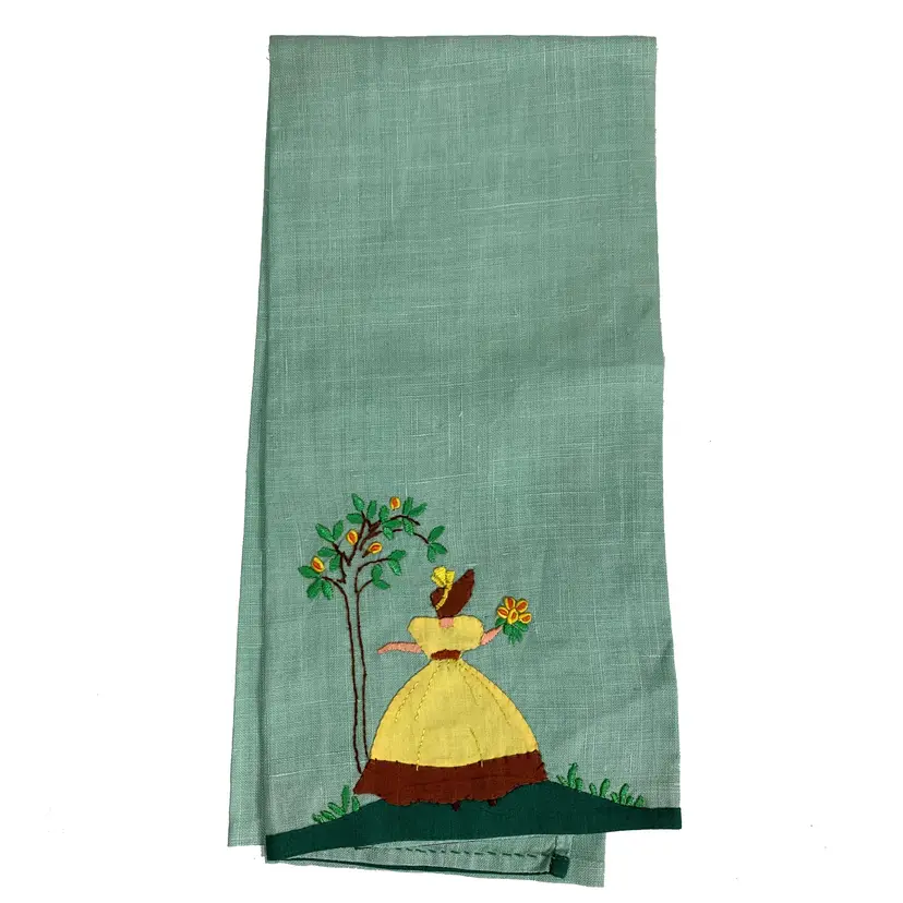 Green Linen Embroidered Tea Towel Applique Girl Dress Bonnet Cottage Core Vintage