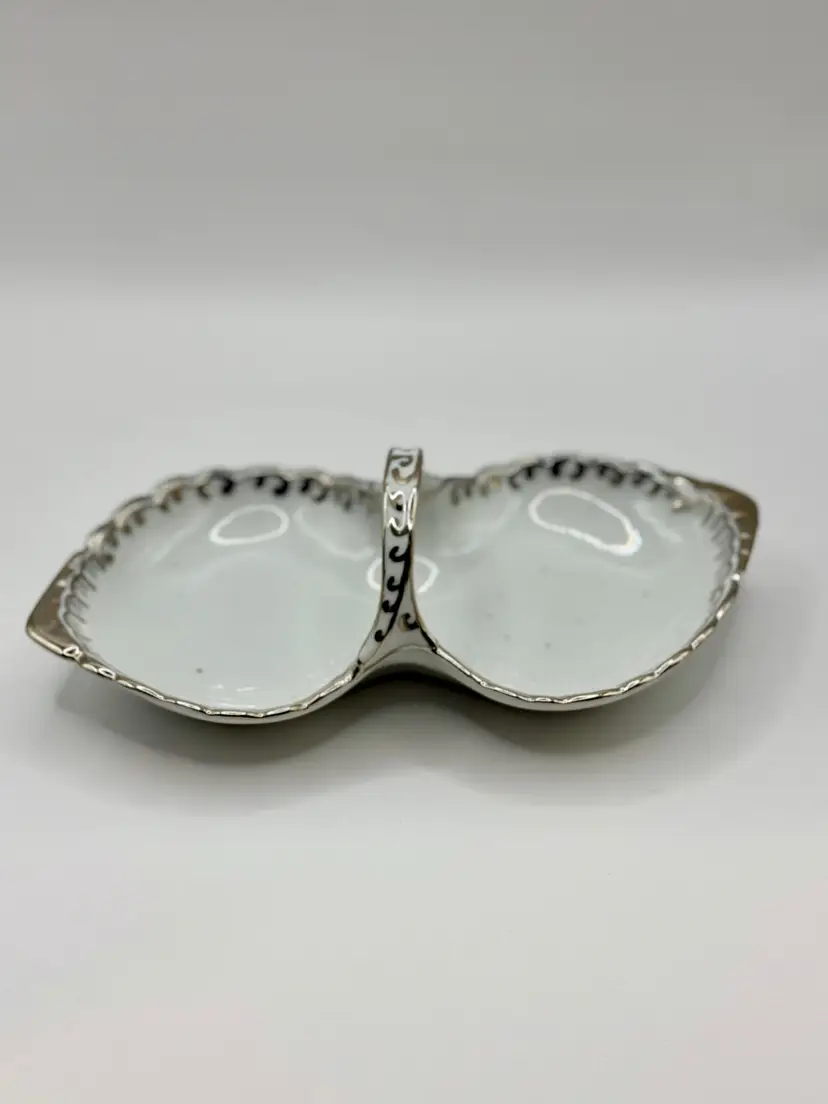 Vintage Divided Serving Dish Trivet Tray With Handle, Hand Painted White Silver Designs, Signed By Margaret Ivy Metzger, Unbranded