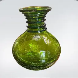 4. Blenko #8318 green kiwi crackle with colbolt ribbon