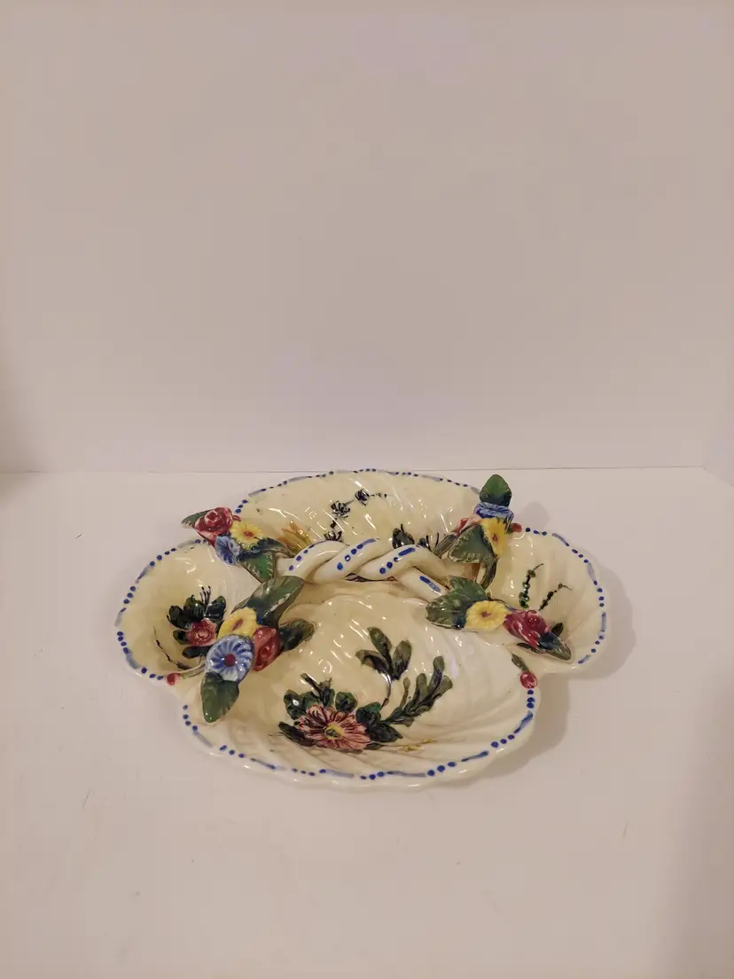 Vintage Applied Flowers Divided Dish With Handle Japan