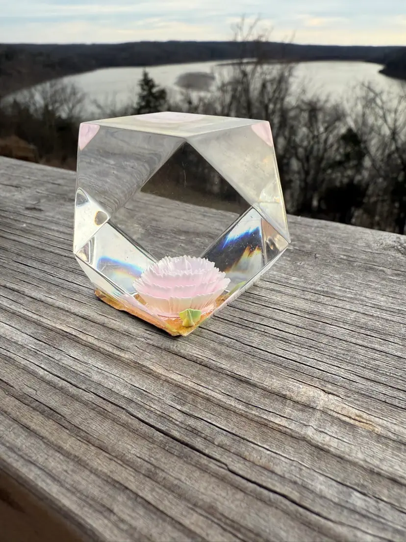 22 Vintage Faceted Lucite Cube Paperweight - 3D Pink Floral "Captured" Bloom