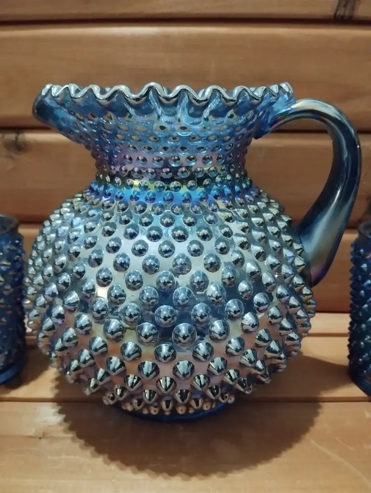Fenton 8" Glass Large Blue Iridescent Pitcher with Handle & 8 Glasses 1992