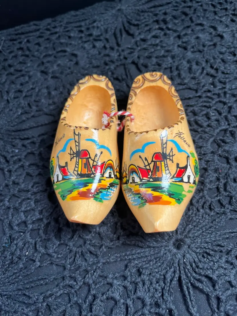 Crafted in Holland-Small Decorative Pair of Wooden Clogs w/ Hand Painted Houses and Windmills.