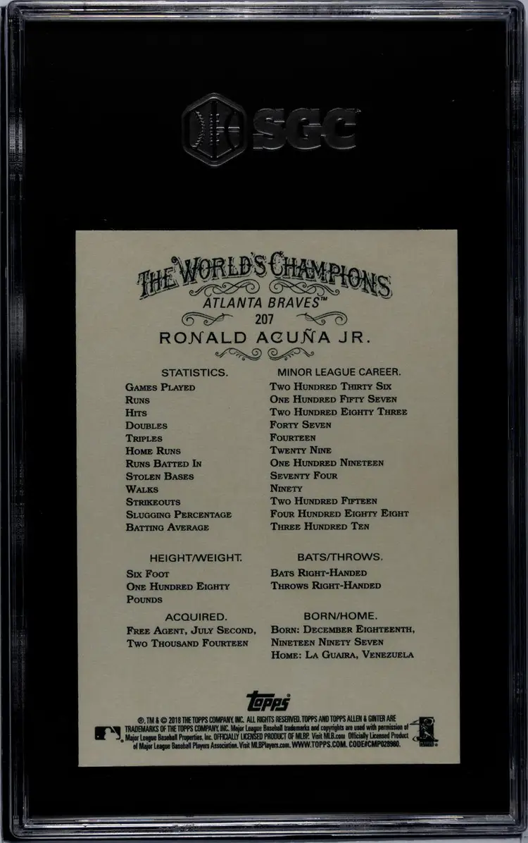 2018 Topps Allen & Ginter #207 Ronald Acuna Jr. SGC 10 GM