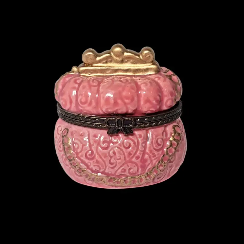 Beautiful Pink With Gold Accent Princess Trinket Box Pill Box With Crown 2.25"