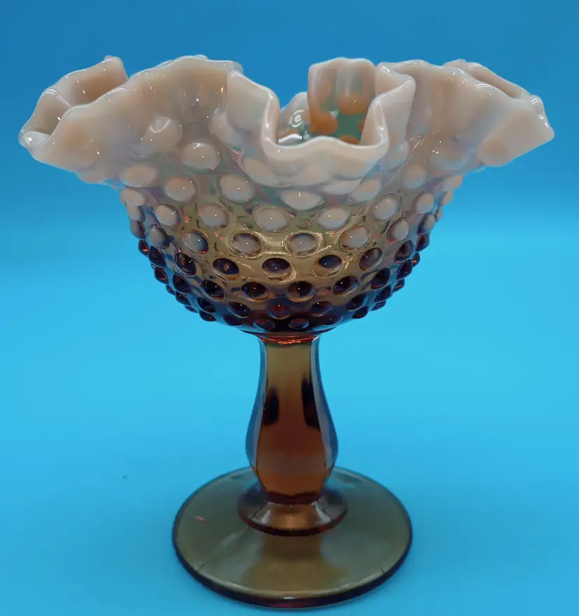 Fenton Hobnail, Root beer Compote With Snow Crest Wavy Edge L, Rare Color.