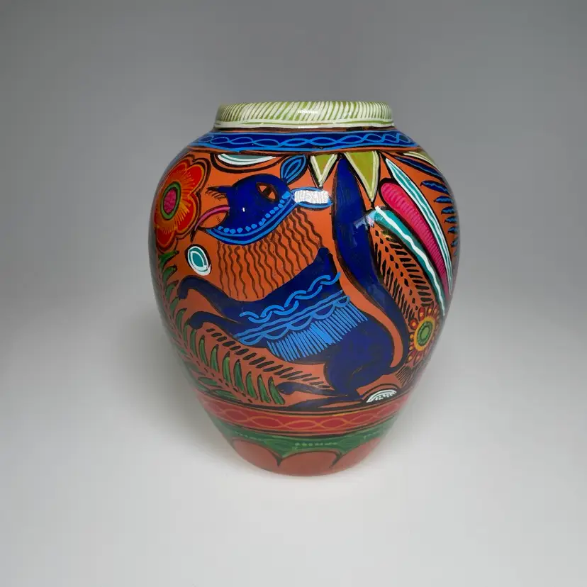 Colorful Folk Art Pottery Vase Birds, Flowers, Llama, Dog, Unmarked Peru ? 5.5"