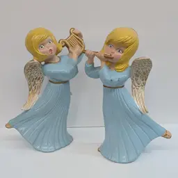 Vintage Atlantic Mold Ceramic Christmas Angels Flute & Harp Kitschy Blue 70s 12"