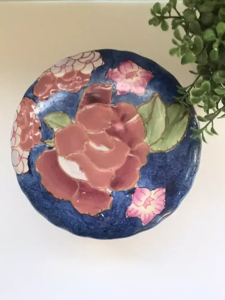 Vintage Hand Painted Ceramic Floral Flower Trinket Jewelry Box Dish Textured