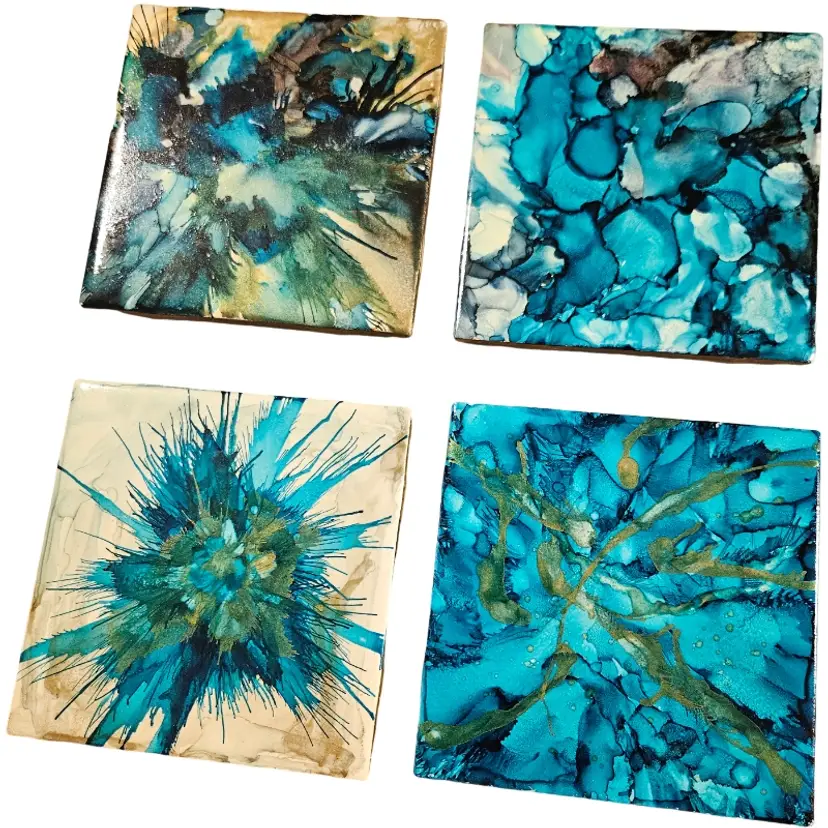 Set of 4 Handmade Splatter Paint Tile Coasters with Cork Back