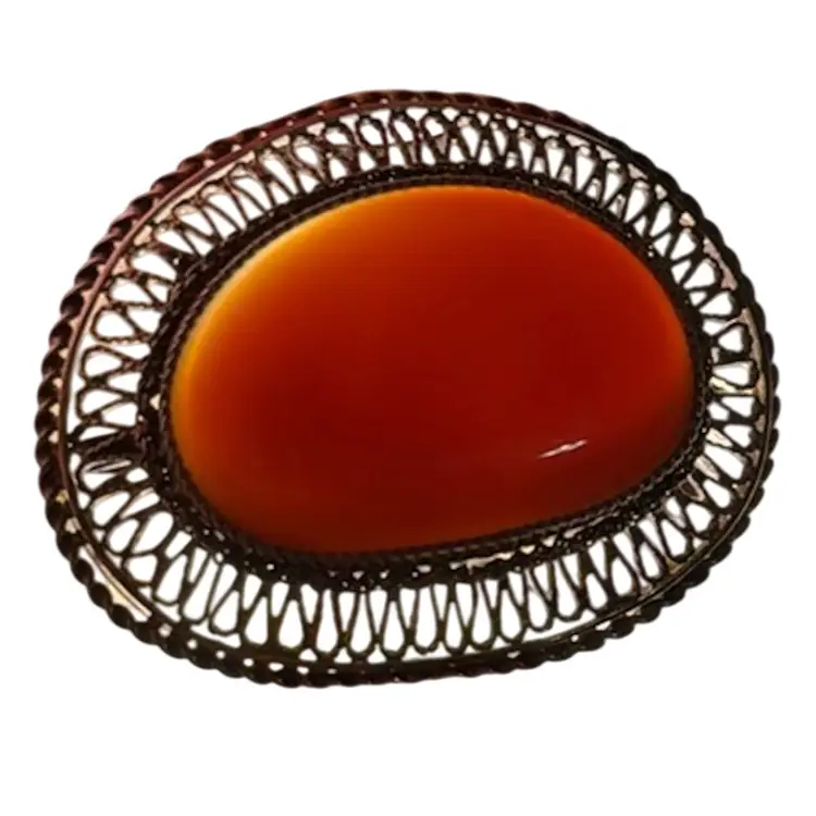 Older Vintage Threaded Filigree 925 Carnelian Pendant Brooch, 2”, 18.3g