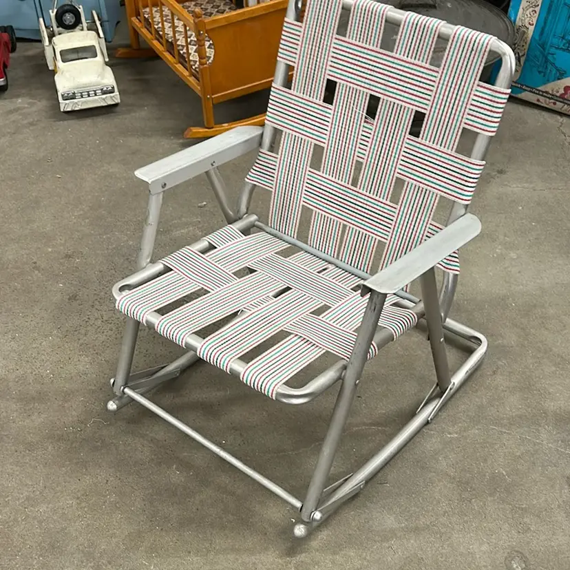 Vintage Child Sized Folding Rocking Lawn Chair Nylon Webbing Red Blue ~ Excellent