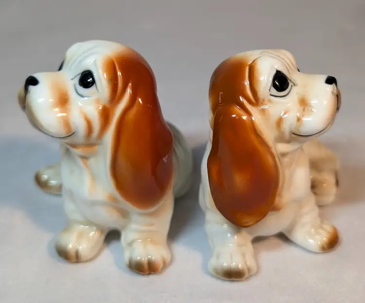 Vintage Bone China Porcelain Cocker Spaniel Dog Pups  Figurines Hand Painted x 2