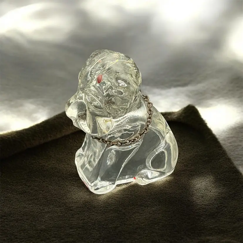11) Vintage Clear Glass Dog w/ Chain Candy Container