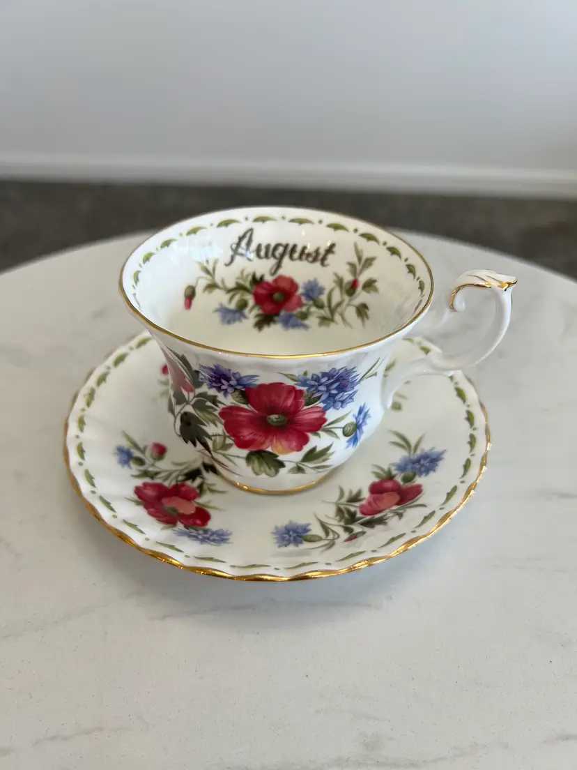 Royal Albert August Poppy Flower of the Month Teacup Saucer Set Vtg