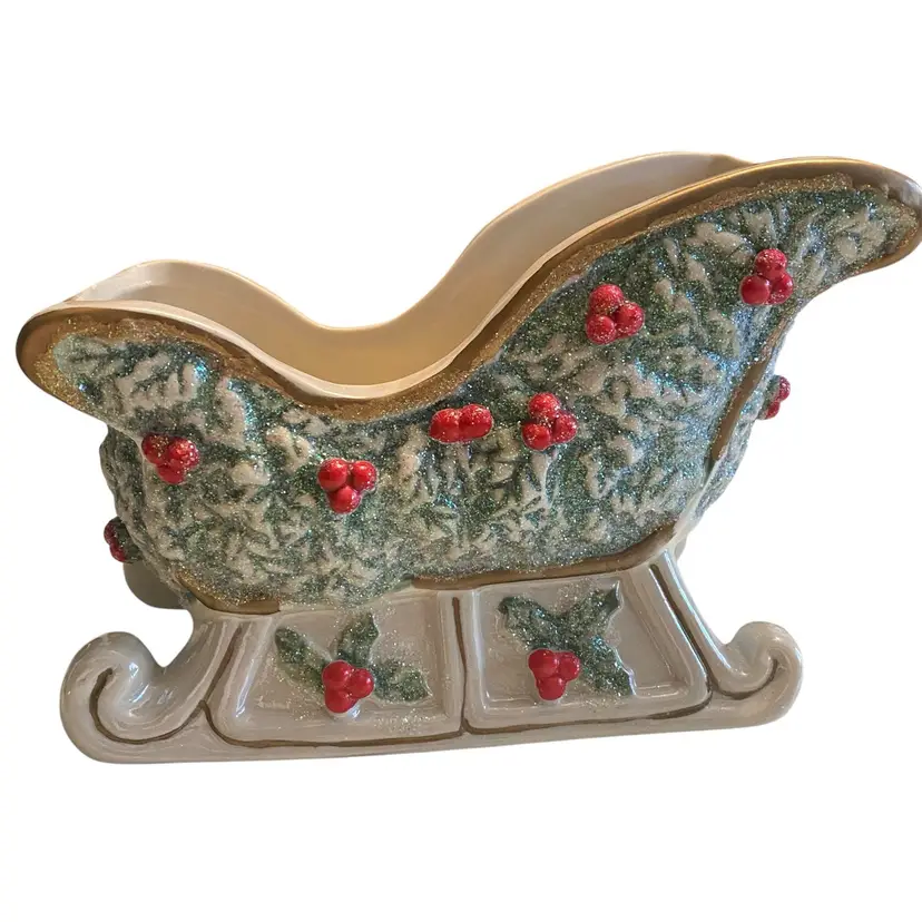 Vintage Cracker Barrel Glitter Holly Berry Xmas Santa Sleigh Sled Candy Dish Planter